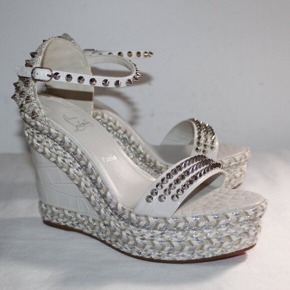 NWOB Christian Louboutin Pyraclou Spiked Wedge Ankle Strap Sandals 42 White Gray - Picture 1 of 8